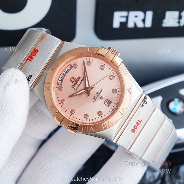 1:1 Swiss Replica Omega Constellation Double Eagle Rose Gold Diamond Watch 38mm 4