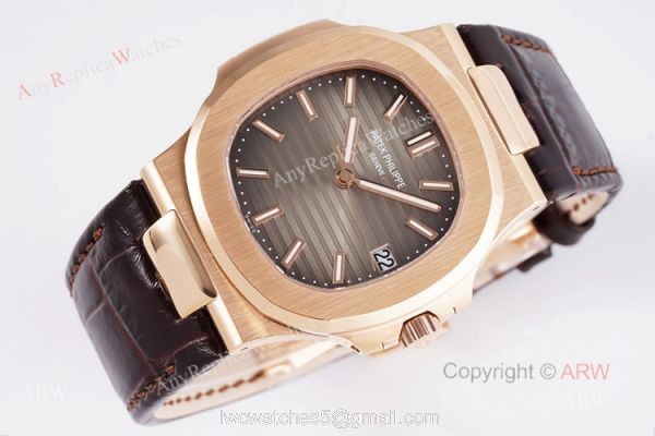Swiss Patek Philippe Nautilus Rose Gold Grey Dial Brown Leather Strap Replica Watch 4