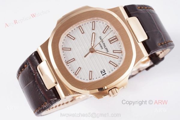 Swiss Replica Patek Philippe Nautilus Watches Rose Gold Case With White Dial 4