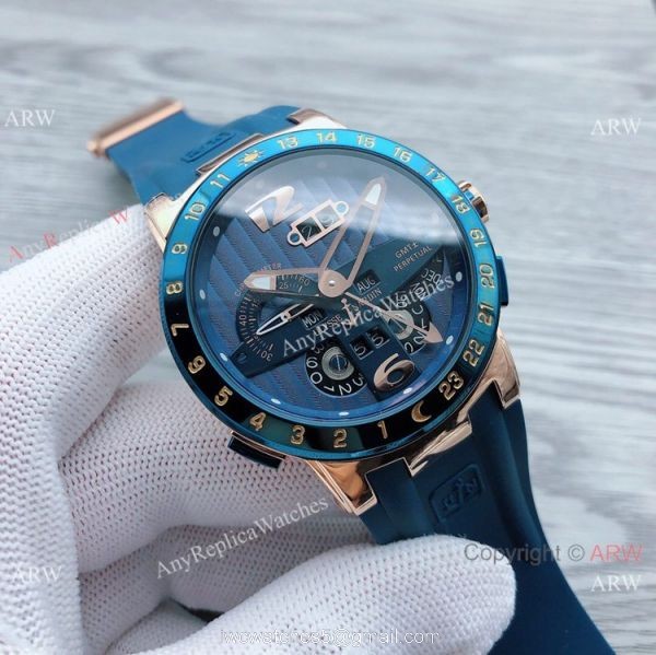 Ulysse Nardin GMT Perpetual Blue Bezel Rose Gold Men Watches 4