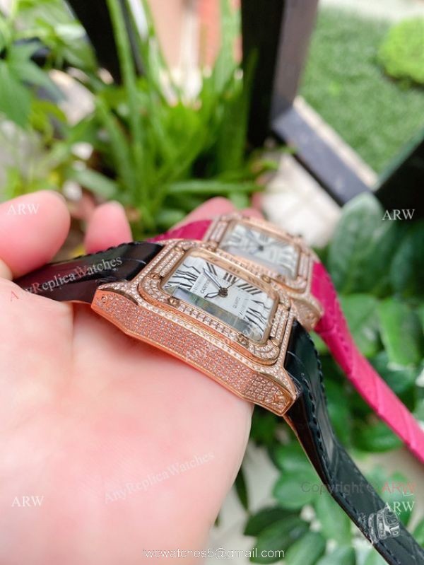Luxury Copy Cartier Santos de Quartz Watches Rose Gold Diamond 4