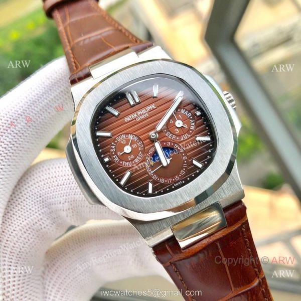 Copy Patek Philippe Nautilus White Face Annual Calendar Watch Brown Leather Strap 4