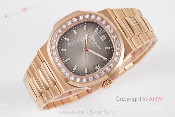 (PPF) V4 Version Swiss Replica Rose Gold Patek Philippe Nautilus Diamond Watches With Gray Dial 4