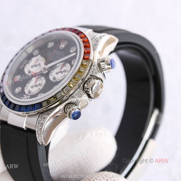 Swiss Replica Rolex Rainbow Daytona Black Face With Diamonds Oysterflex Strap Watch 4