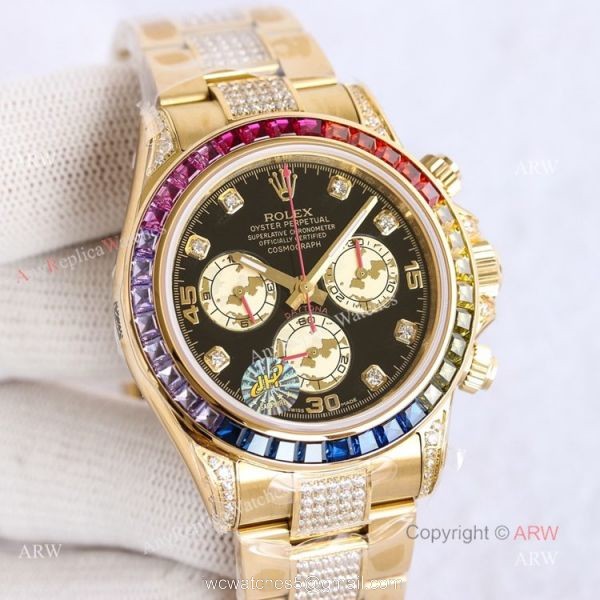 Swiss Replica Rainbow Rolex Daytona Gold With Black Diamond Dial Rolex Oyster Band With Diamonds 4