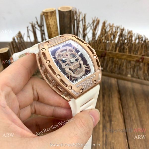 New Replica Richard Mille Skull RM52-01 Rose Gold White Rubber Strap Watch 4