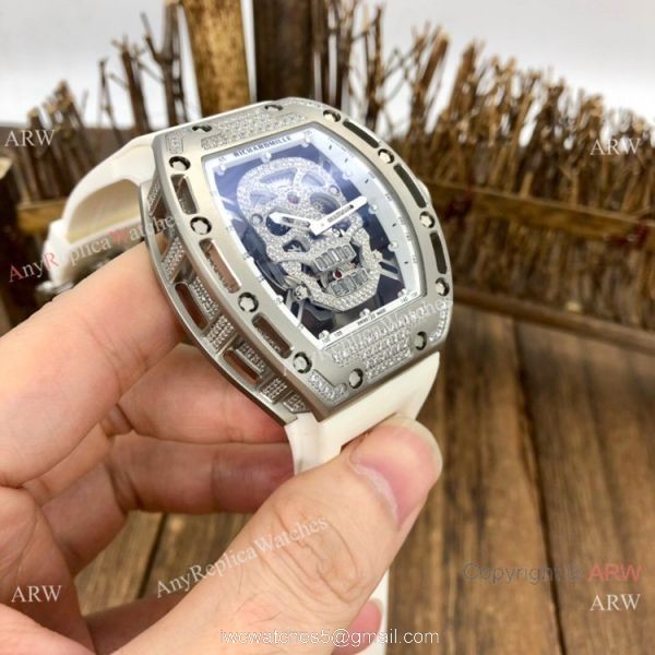 Luxury Replica Richard Mille Diamond Skull RM52-01 Watches Black Rubber Strap 4