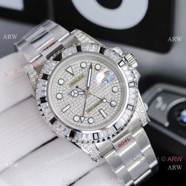 JH Factory Copy Rolex GMT-Master II Watch BlackWhite Diamond Bezel Stainless Steel 4