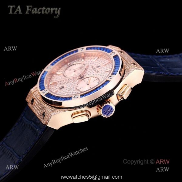 Hublot Big Bang Rose Gold Diamonds Swiss Replica Watches With Blue Diamond Bezel 4