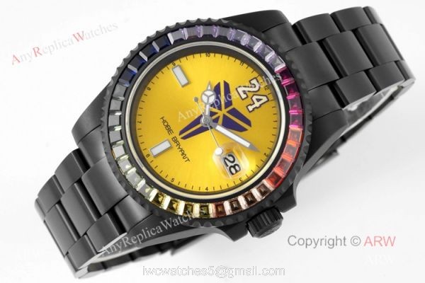 Swiss Replica Blaken Rolex Kobe Bryant Rainbow Diamond Bezel Yellow Dial Watch For Men 4