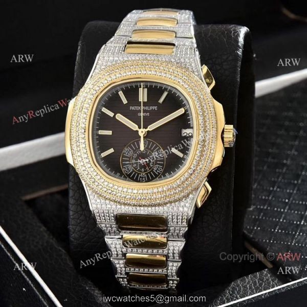 Luxury Patek Philippe Nautilus Iced Out Chrono Watches Two Tone Case 4