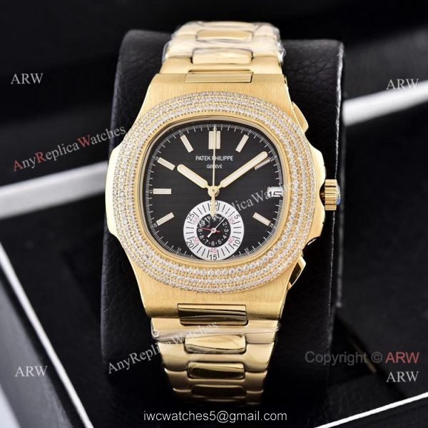Clone Patek Philippe Nautilus Yellow Gold Diamond Bezel Chronograph Watches 4