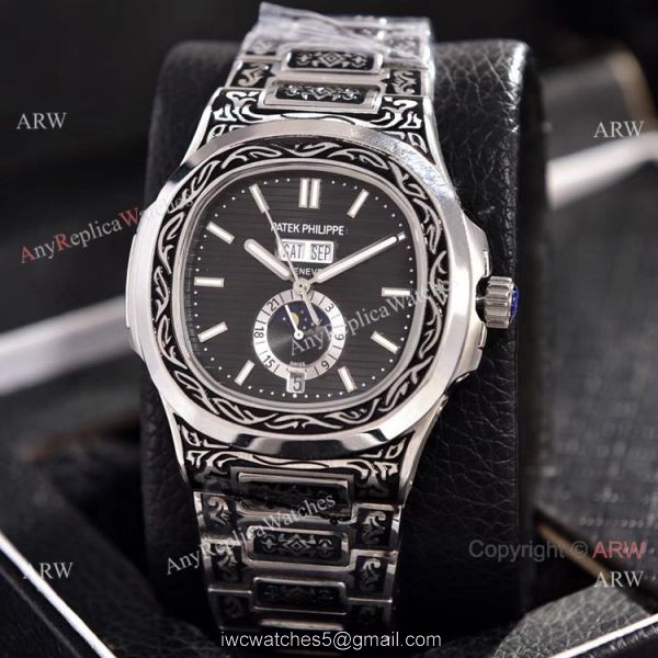 Copy Patek Philippe Nautilus Annual Calendar Watches Silver Dial Engraving Case 4