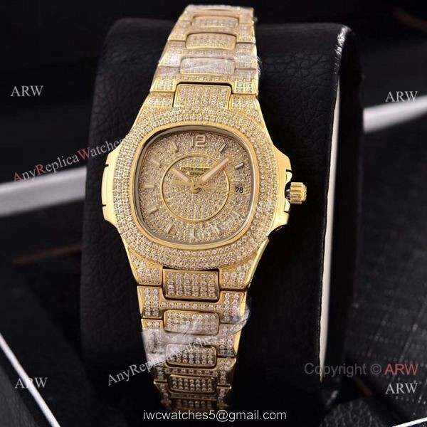 Swiss Quartz Patek Philippe Lady-Nautilus Iced Out Watches Sapphire Glass 4
