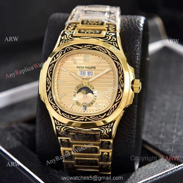 Clone Patek Philippe Annual Calendar Watches Yellow Gold Engraving Blue Dial 4