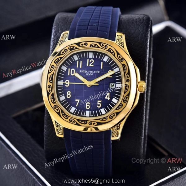 Clone Patek Philippe Aquanaut Engraving Watches Gold and Brown Rubber Strap 4