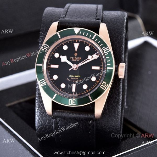 Copy Tudor Heritage Black Bay Watches Rose Gold Black Leather Strap 41mm 4