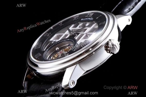 Super Clone Blancpain Fantasy Swiss Tourbillon Watch 43mm Black Leather Strap 4