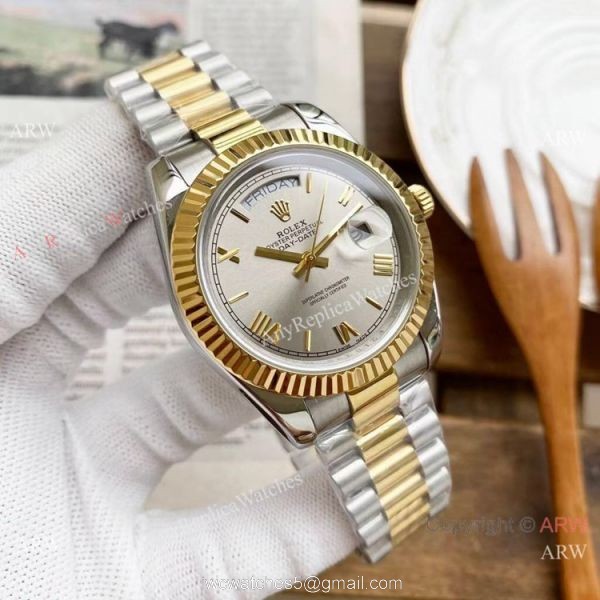 Copy Rolex Day Date 40mm Watches Chocolate Dial Two Tone Presidential Band 4
