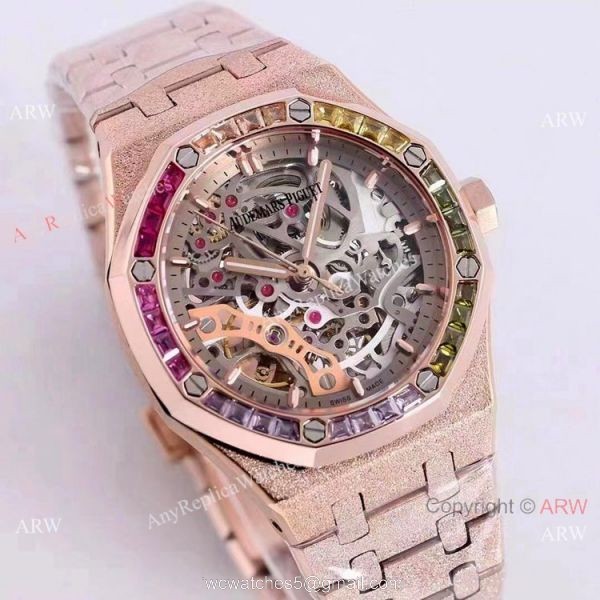 New Copy Audemars Piguet Royal Oak Lady Watches Frosted Gold Skeleton Face 37mm 4