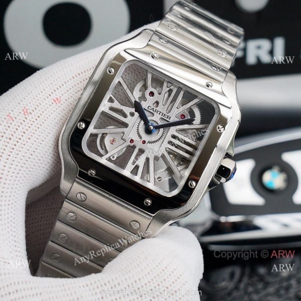 (TW ) Best Skeleton Cartier Santos Stainless Steel Watch For Men High End Replica 4