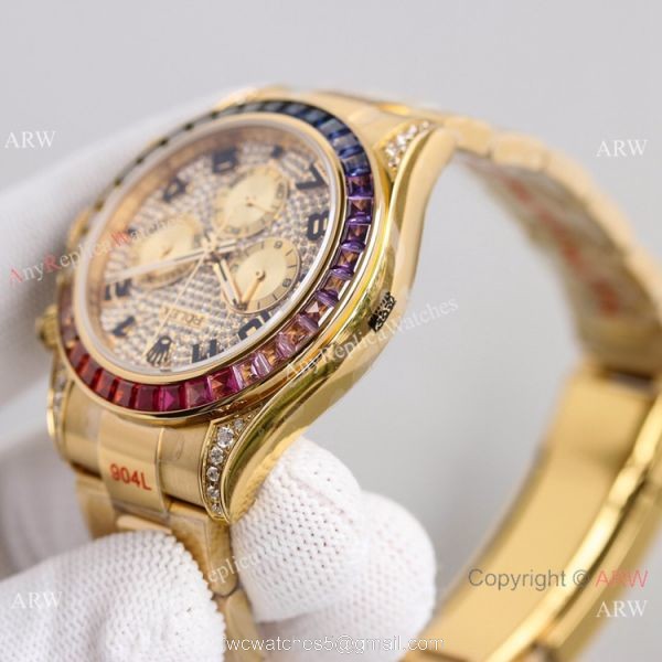 2021 NEW! Swiss Rolex Daytona JH 7750 Watch Rainbow Bezel Arabic Diamond Dial Yellow Gold 4
