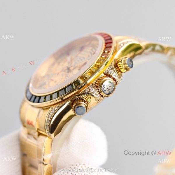 2021 NEW! Swiss Copy Rolex Daytona JH 7750 Watch Rainbow Yellow Gold Full Diamond Dial 4