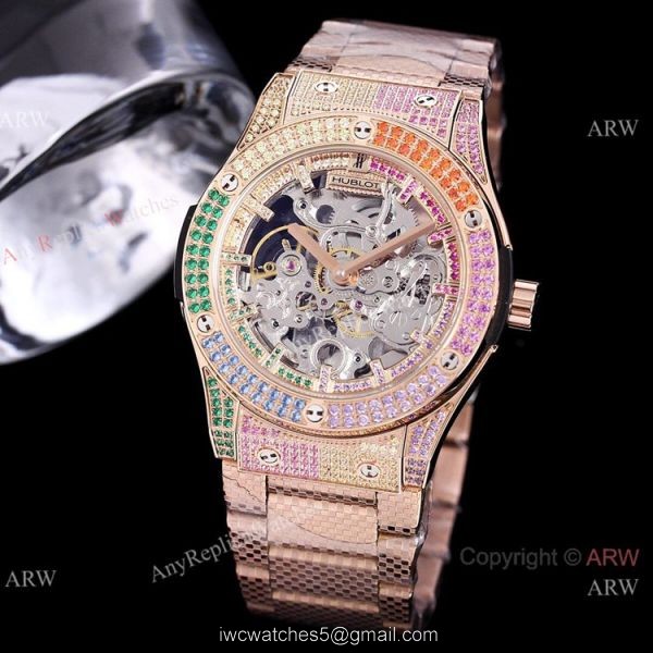 Replica Silver Hublot Skeleton Rainbow Watch 45mm for men 4