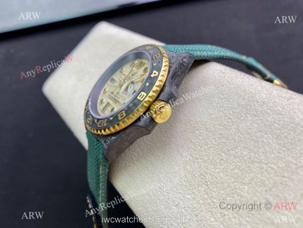 2021 Super Clone Rolex Diw GMT-Master 2 Watch JH Factory Cal.3186 Smoked Yellow Dial Green fabric Leather Strap 4