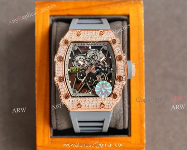 (RM Factory) Knockoff Diamond Richard Mille RM35 01 Rose Gold Watch Red Rubber Band 4