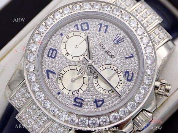 R7 Swiss Replica Rolex Cosmograph Daytona Paved Diamond Watch Blue Leather Strap 4