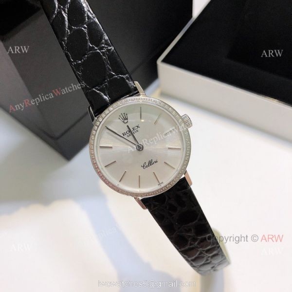 Diamond Rolex Cellini Ladies Leather Strap Yellow Gold Watch Replica 4
