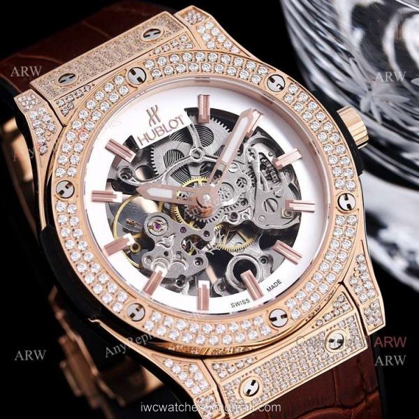 45mm Hublot Big Bang Rose Gold Skeleton Watch With Diamonds For Mens Replica 4
