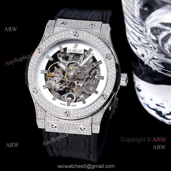 Replica Hublot Big Bang 45mm Skeleton Watch With Diamonds Blue Rubber Band For Men 4