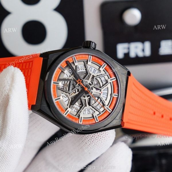 Swiss Grade Zenith Defy Classic Skeleton Dial Orange Rubber Strap High End Replica Watch 4