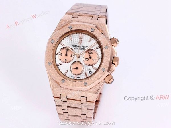 New Audemars Piguet Frosted Gold Royal Oak Rose Gold Watch 41mm Silver Dial with Stop Function High Copy 4