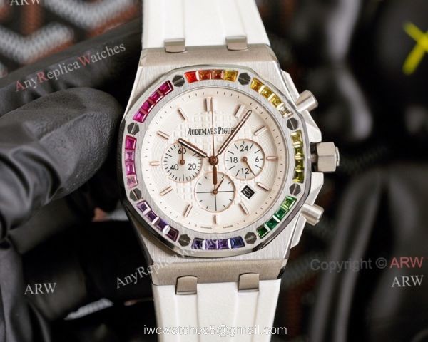 Copy Audemars Piguet Royal Oak Rose Gold 42mm Rainbow Bezel Watch White Dial 4