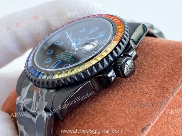 All Black Rolex Blaken Submariner Rainbow Diamond Bezel Blue Markers Swiss Grade Replica Watch 4