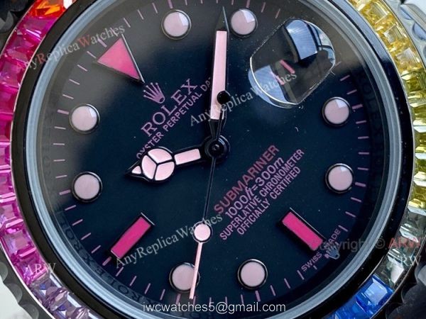 Replica Blaken Rolex Submariner Pink Markers Watch 40mm Rainbow Diamond Bezel Swiss Made 4