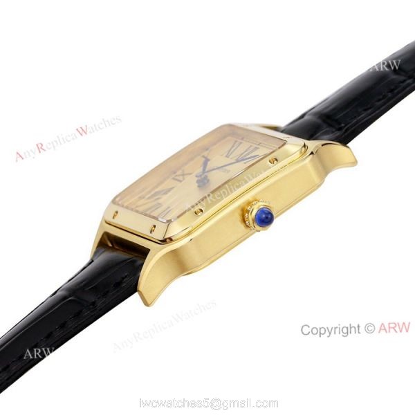 TWF Yellow Gold Cartier Santos-Dumont Gold Face Black Leather Strap Copy Watch For Men And Women 4