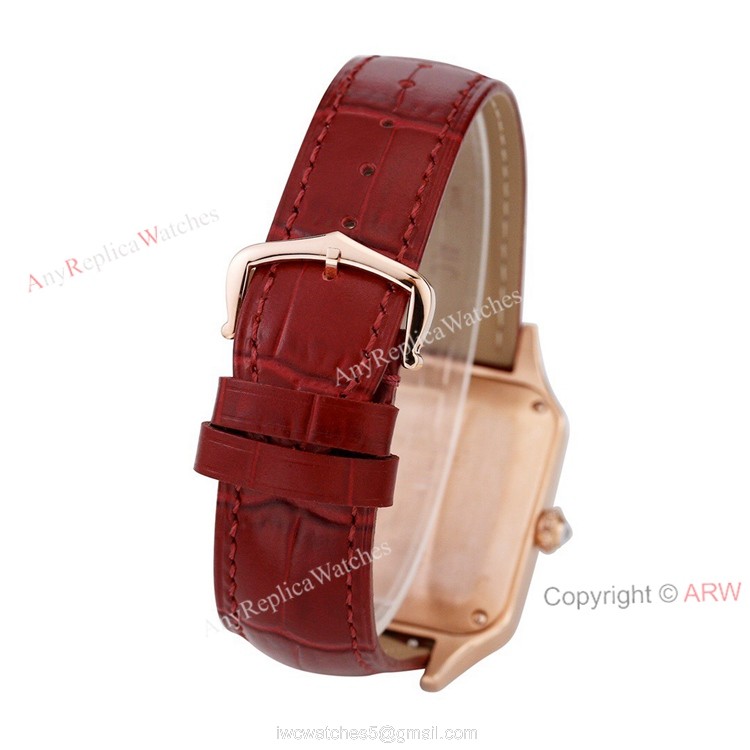 New Faux Cartier Santos-Dumont Rose Gold Couple Watch With Diamonds Bezel Brown Leather Band 4