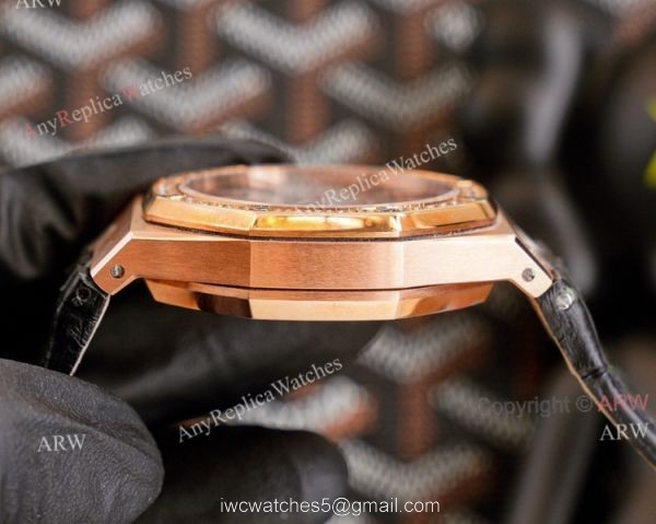 High End Replica Audemars Piguet Royal Oak Rose Gold Grey Dial Automatic Watch With Diamonds Black Leather Strap 4