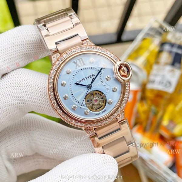 Replica Ladies Cartier Ballon Bleu Tourbillon 36mm Ice Blue Dial Watch With Diamonds 4