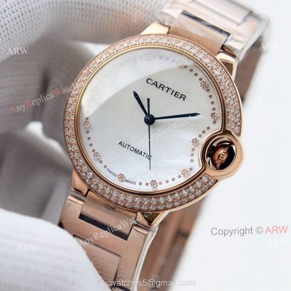 Swiss Quality Cartier Ballon Bleu 36mm White Mop Dial Stainless Steel Copy Watch With Diamonds 4