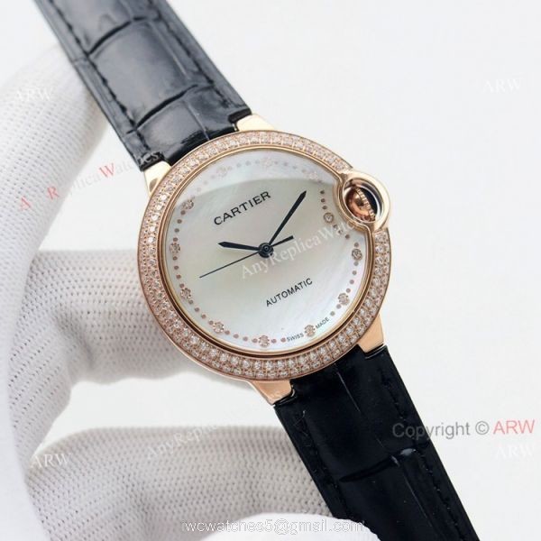 Swiss Quality Replica Cartier Ballon Bleu 36mm Rose Gold Diamond Bezel White Mop Dial Automatic Watch 4