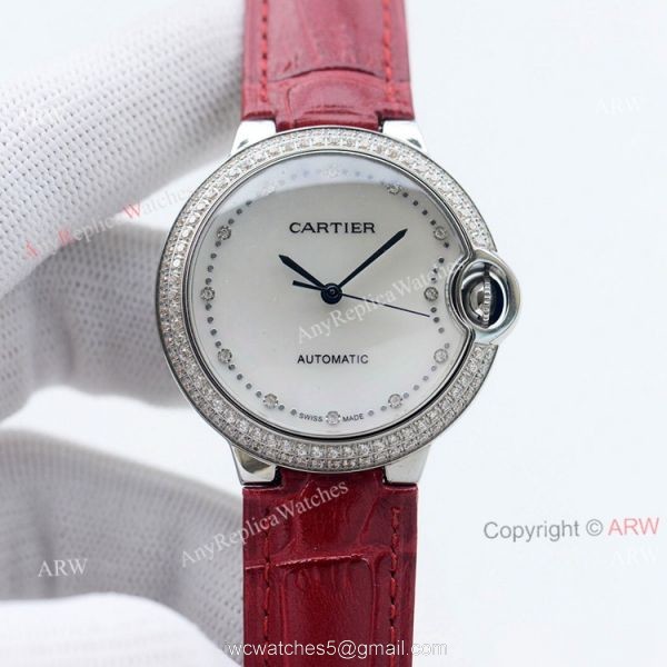 Swiss Quality Knockoff Cartier Ballon Bleu 36mm Automatic Watch With Diamond Bezel Black Leather Strap 4