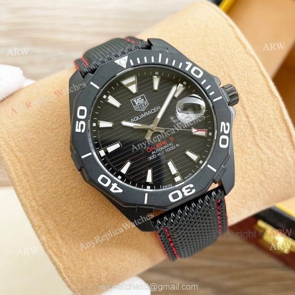 Tag Heuer Aquaracer Calibre 5 White Face 44 Replica Watch Black Steel Black Leather Strap 4