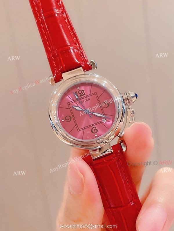 Knockoff Ladies Cartier Pasha Watch Fuchsia Dial Fuchsia Leather Strap 4