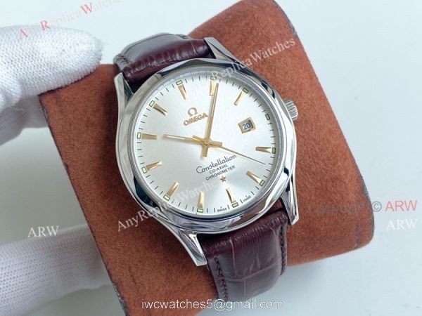 Copy Omega Constellation Green Dial Stainless Steel Brown Leather Strap Men Watch 4