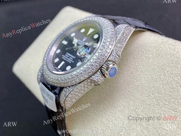 Swiss Quality Rolex Submariner Limited Edition Watch Iced Out Leather Strap 4